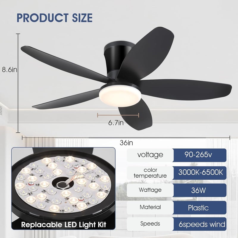 Surtime Ceiling Fans with Lights-36 Low Profile Ceiling Fan with Light and Remote/APP Control,Flush Mount,DC Reversible,LED Dimmable Blakc Ceiling Fans for Bedroom,Indoor/Outdoor Patio Use - Image 5